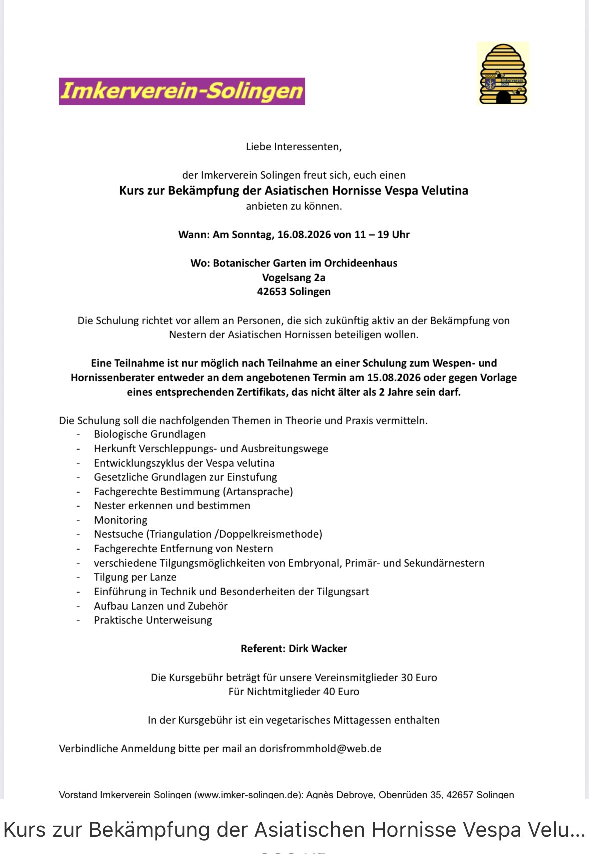 Kurs zur Bekämpfung der Asiatischen Hornisse mit Dirk Wacker